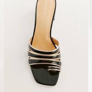 Reformation Black Patent Strappy Mule with Gold Trim